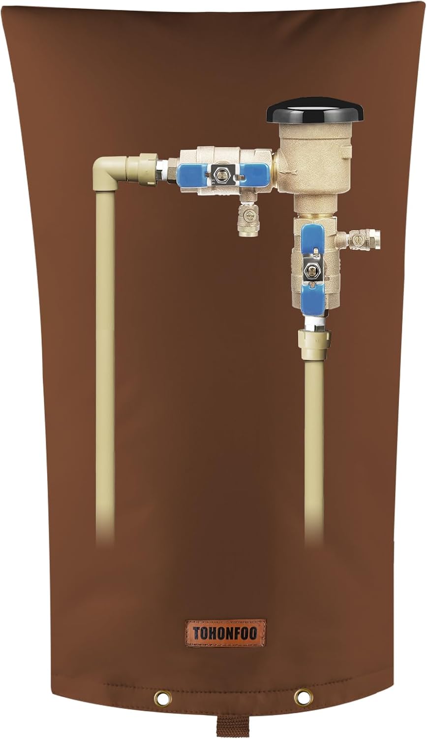 TOHONFOO Backflow Preventer Pipe Insulation Cover (5°F) - Irrigation Sprinkler Valve Insulated Pouch - Water Well Pump Cover - Sturdy 5 Layers for Winter Freeze Protection, 14" W x 26" H, Brown