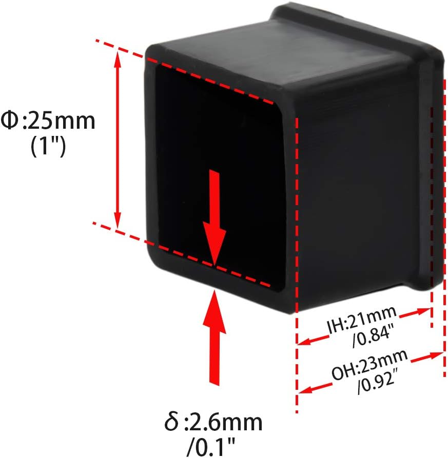 Flyshop Durable Non-Marking Silicone Chair Leg Caps Tips Floor Protectors Square Furniture Table Leg Covers, 20pcs, Black, 25 mm x 25 mm, 1" x 1"