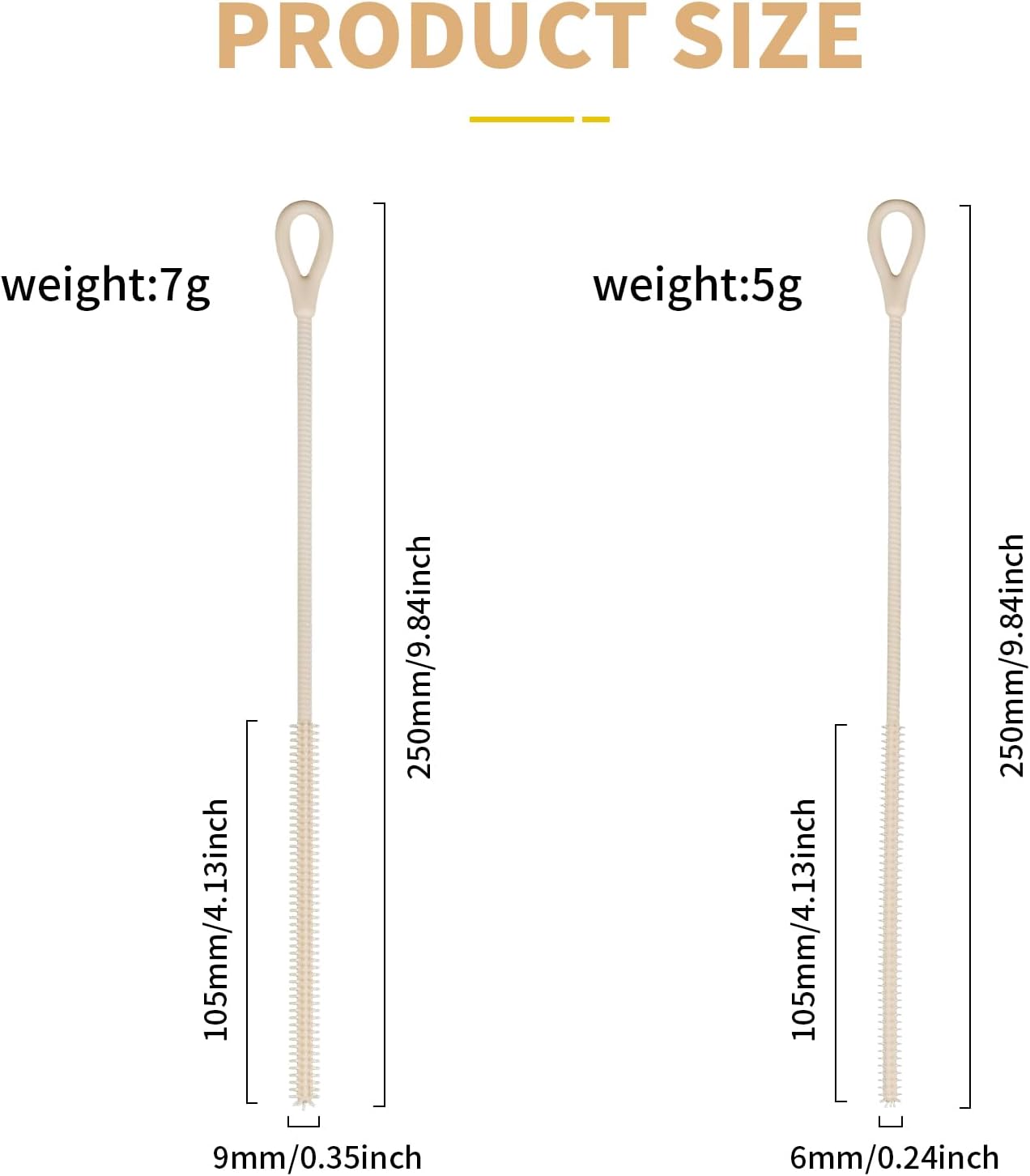 2Pcs Silicone Straw Cleaner Brush, 9.84in Reusable Straw Cleaner with Bendable Steel Core, Extra Long Soft Bottle Brush for Clearing Glass Straws, Smoothie Straws, 9mm&6mm (Beige)