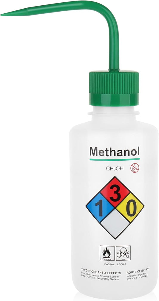 Self-Venting Safety Wash Bottles(Methanol), Pack of 1, With Chemical Name,.Vol.500Ml,Ldpe Material,Cap In Green Color.IN-WBM501