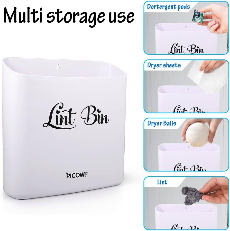 Picowe Magnetic Laundry Storage, Large Lint Holder Bin for Laundry Room, Space-Saving Trash Container Hanging on Dryer, Washer or Wall Mount (Gray White)