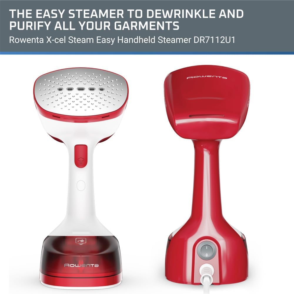 Rowenta, Steamer for Clothes, X-Cel Easy Steam Handheld Steamer, 15 Second Heatup, 5 Ounce Capacity, 1400 Watts, Portable, Travel Must Have, Red Clothes Steamer, DR7112
