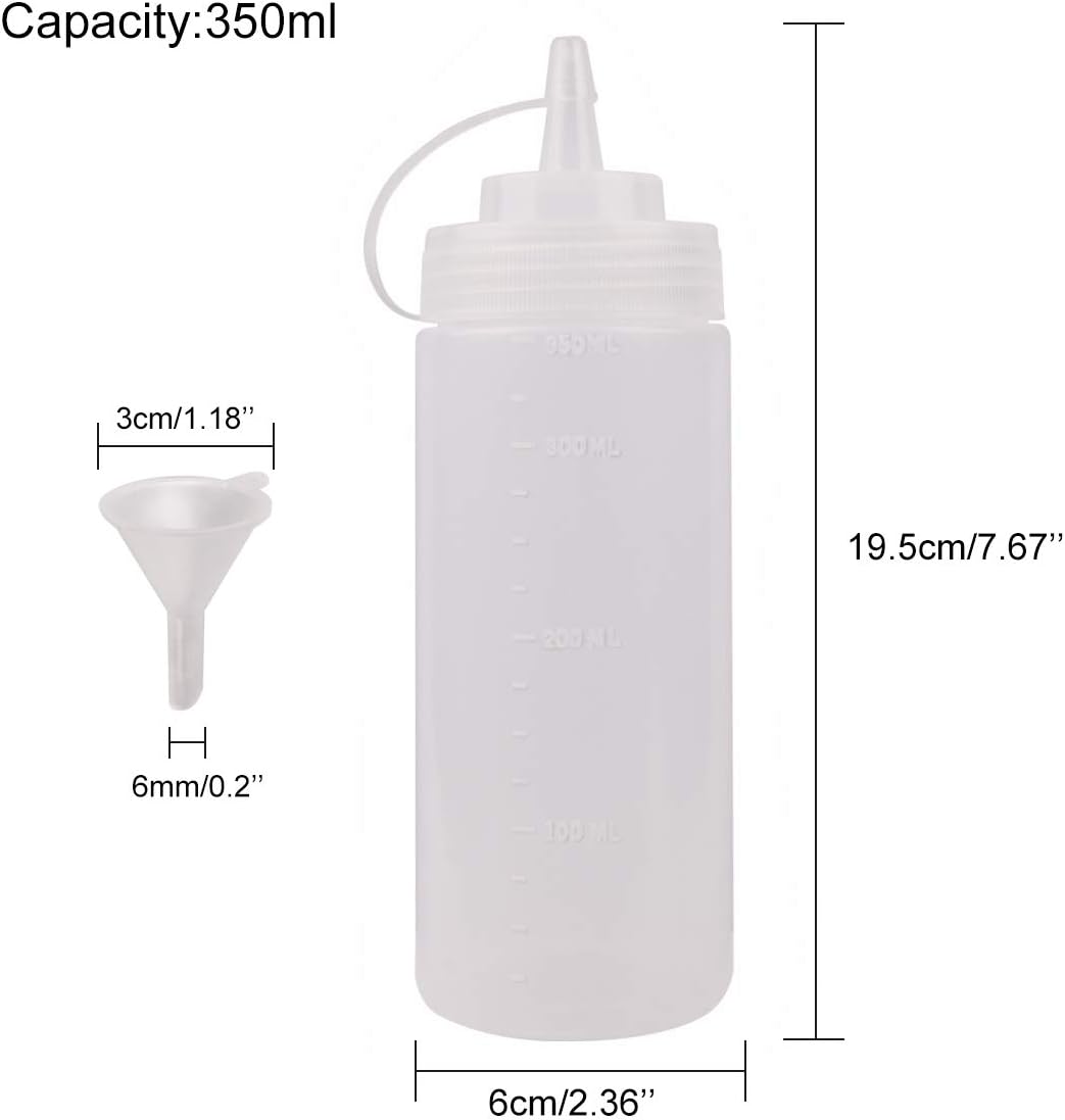 Squeeze Bottles for Sauces 2 Pack, Ketchup Bottle 12 Ounce Plastic Dressing Squirt Bottle with Cap Lids and Funnel, Condiment Bottles for Liquids BBQ Dressing Pancake Art Dispenser