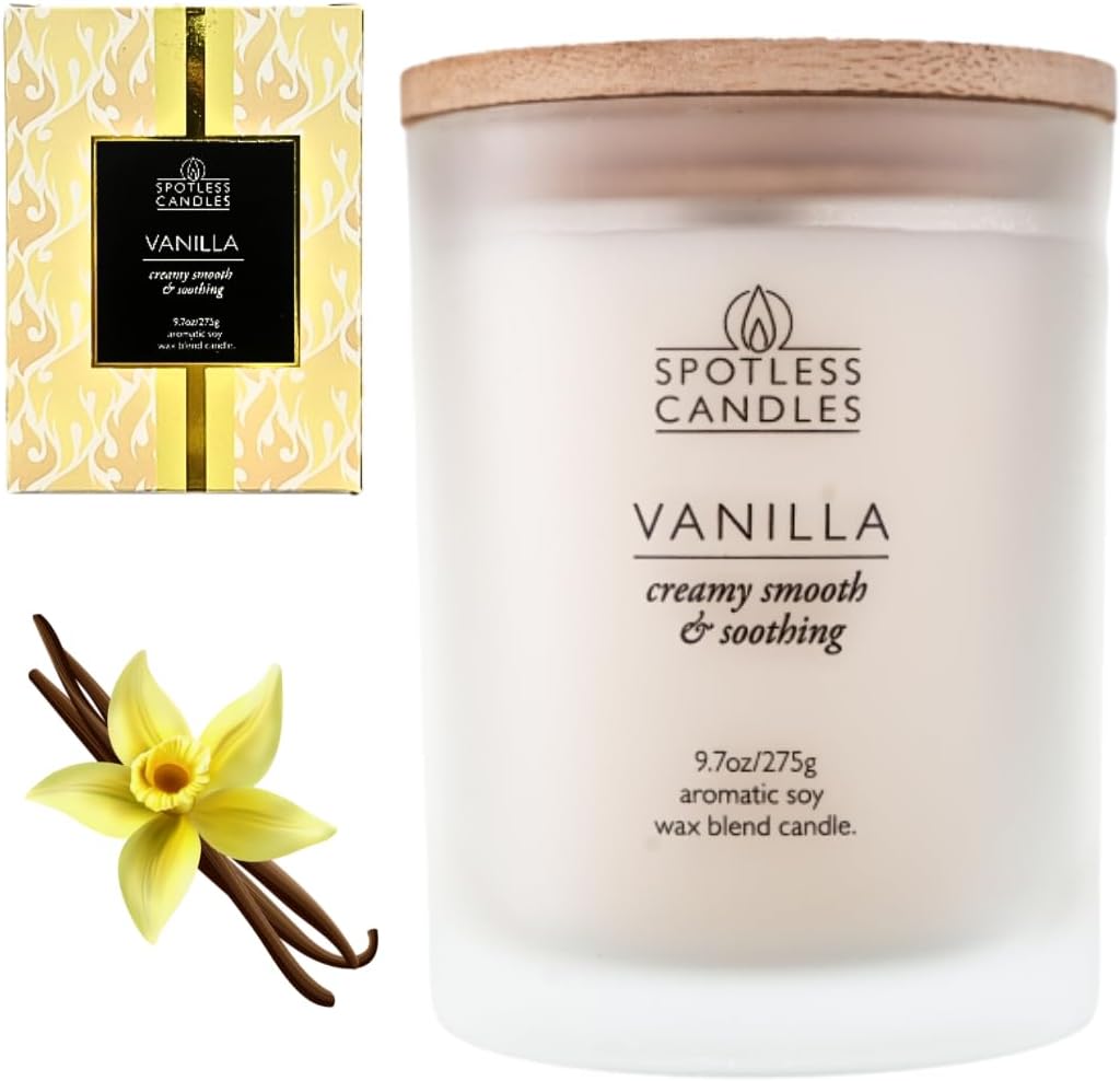 Vanilla Candle - 9.7 oz /275g Vanilla Scented Candle in Cream Frosted Glass Jar with Wooden Lid and Wooden Crackling Wick in a Luxurious Gift Box - Creamy, Smooth and Soothing