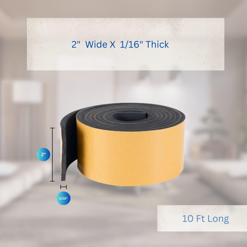 High Density Foam Weather Stripping Door Seal Strip Insulation Tape Roll for Insulating Door Frame, Window, Air Conditioner | Self Adhesive Sealing Weatherstrip (2 in x 1/16 in x 10 Ft, Black)