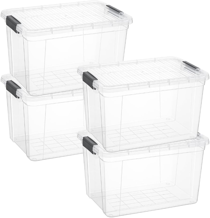 Superio Storage Bins with Lids, Clear Plastic Containers for Organizing, Stackable Totes, BPA Free, Odor Free, Organizer Boxes for Home, and Dorm (4 Pack, 14.7 Qt)
