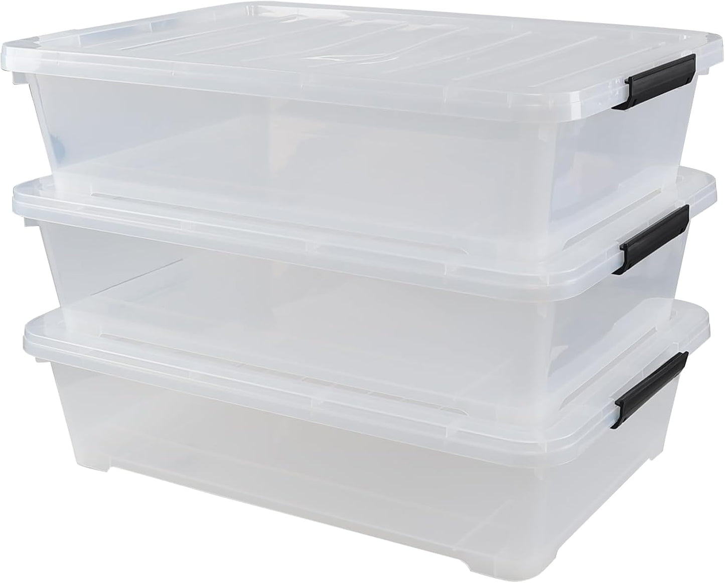 3-Pack 50 Quart Under the Bed Low Profile Storage Boxes, Large Under Bed Storage Bin with Easy Rolling Caster Wheels, Clear