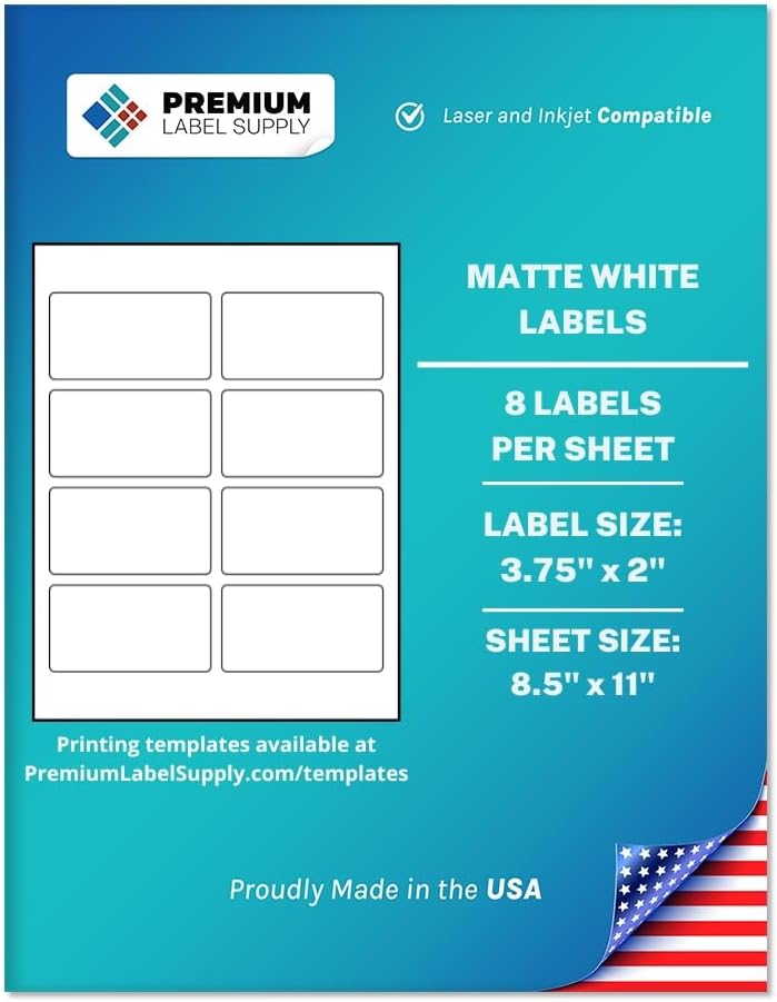 Premium Label Supply White Sticker Mailing Labels – 3.75" x 2" – Laser/Inkjet Compatible – (8 per Sheet), 100 Sheets – 800 Total Adhesive Labels