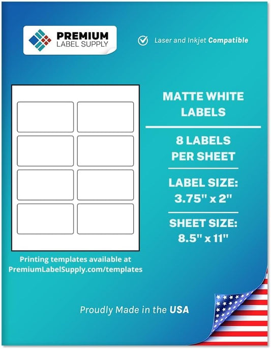 Premium Label Supply White Sticker Mailing Labels – 3.75" x 2" – Laser/Inkjet Compatible – (8 per Sheet), 100 Sheets – 800 Total Adhesive Labels