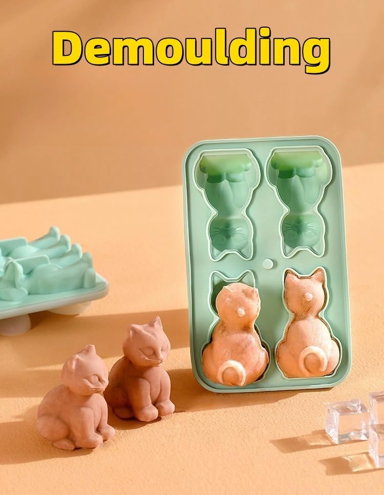 Cute 3D Cat Silicone Ice Cube Tray Mold Cartoon Animal Ice Box BPA-Free (Green)