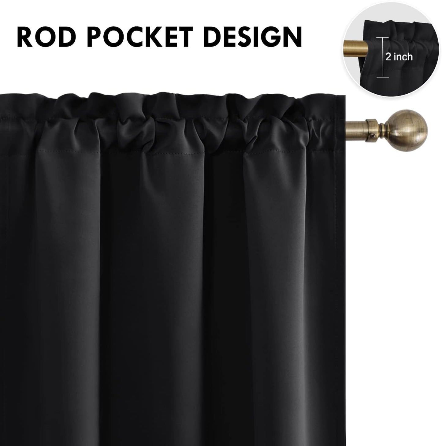 DWCN Blackout Curtains for Bedroom - Thermal Insulated Privacy Energy Saving Rod Pocket Drapes for Living Room, W 38 x L 63 Inch, Black, Set of 2