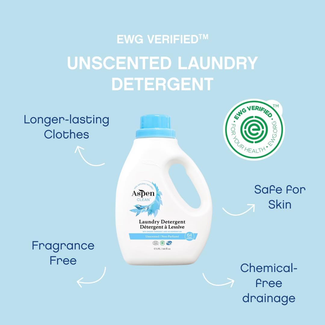 AspenClean Natural Laundry Detergent Unscented - 100% Natural, Organic, HE Liquid Laundry Detergent- Vegan, Non-Bio, Cruelty-Free, Biodegradable - Safe for Babies, Pets & Kids - EWG Certified (2 pack)