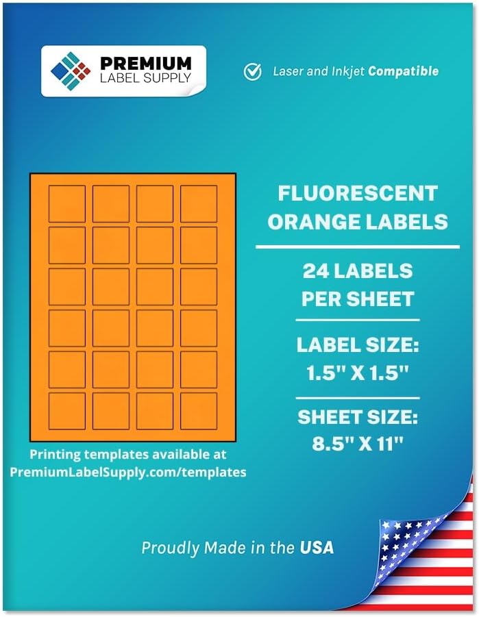 Premium Label Supply Bright Neon Color Fluorescent Sticker Labels - 1.5" x 1.5" Square Labels - (Fluorescent Orange, 600 Labels)