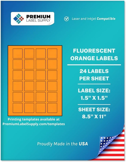 Premium Label Supply Bright Neon Color Fluorescent Sticker Labels - 1.5" x 1.5" Square Labels - (Fluorescent Orange, 24,000 Labels)