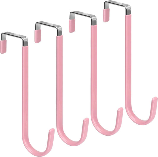 FYY Over The Door Hooks, 4 Pack Upgraded Long Door Hangers Hooks with Rubber Prevent Scratches Heavy Duty Organizer Hooks for Hanging Clothes, Towels, Hats, Coats, Bags Pink