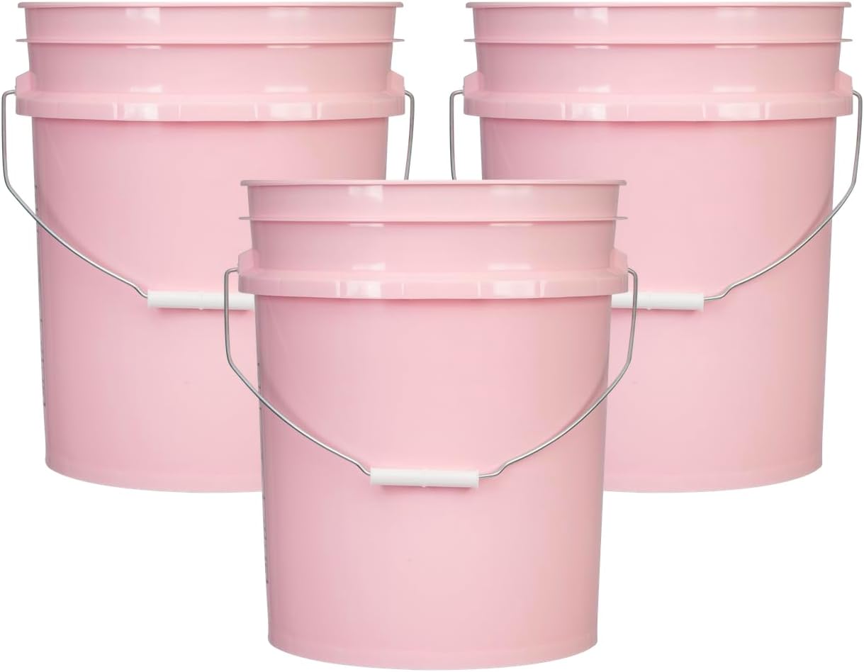 House Naturals 5 Gallon Premium HPDE Plastic Bucket - Made in USA Food Grade Storage Container, BPA Free All Purpose Pail (3, Pink)