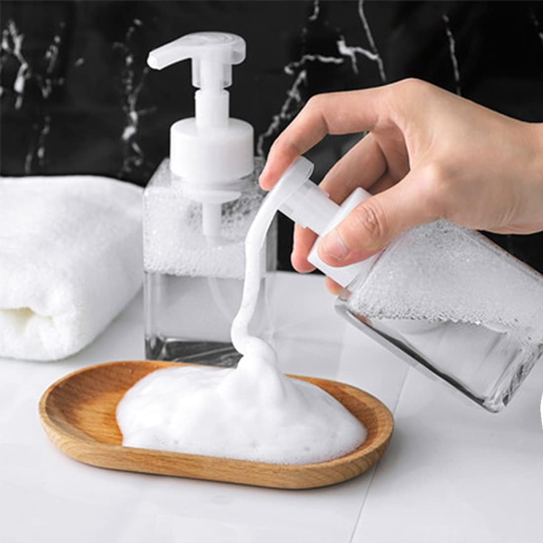 Foaming Soap Dispenser, 450ml(16oz) Refillable Modern Square Pump Bottle for Shampoo, Body Wash, Liquid Soap, PETG Plastic Empty Soap Dispenser for Kitchen, Bathroom, Hospital, Clinic. 2 Pcs (Clear)