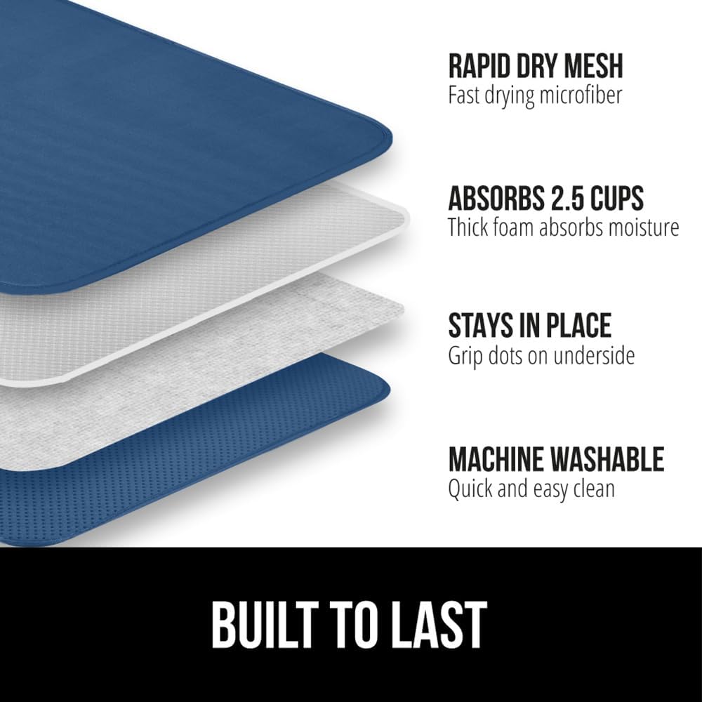 GORILLA GRIP Ultra Water Absorbent Microfiber Dish Drying Mat, 18x24, Quick Dry Thick Mesh, Slip Resistant Pad for Sink Dishes or Under Rack, Kitchen Counter Accessories, Machine Wash, 2 Pack Blue