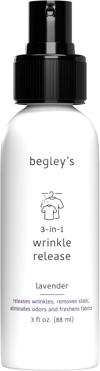 Begley's 3-in-1 Wrinkle Remover, Quick Fix Wrinkle Release, Static Cling Remover, Odor Eliminator and Fabric Refresher Spray - USDA Certified Biobased - Lavender, 3 oz Travel Size