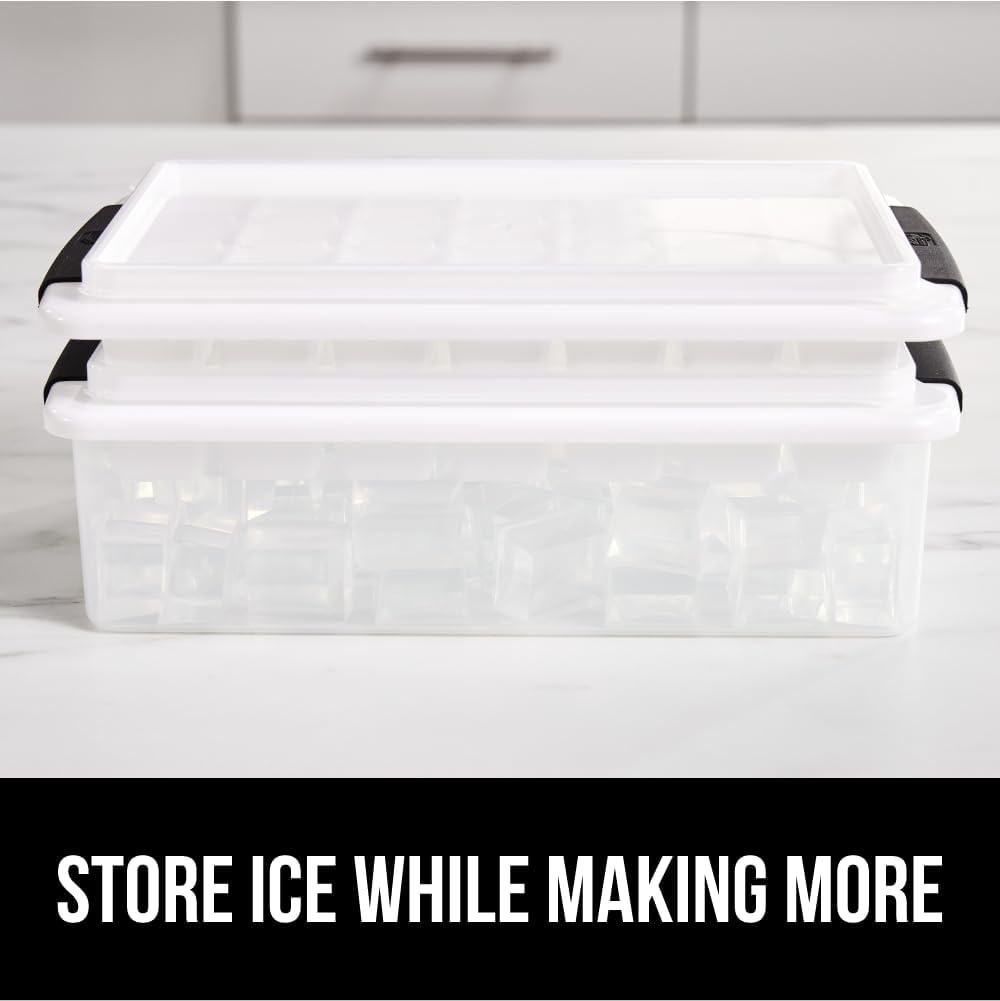 GORILLA GRIP Stackable Ice Cube Tray and Bucket Set for Freezer, Includes 2 Trays with Lid and Scooper, Easy Release, Makes 56 Cubes for Cocktail Soda Coffee, Leak Proof Bin Kit, Kitchen Tools, Black