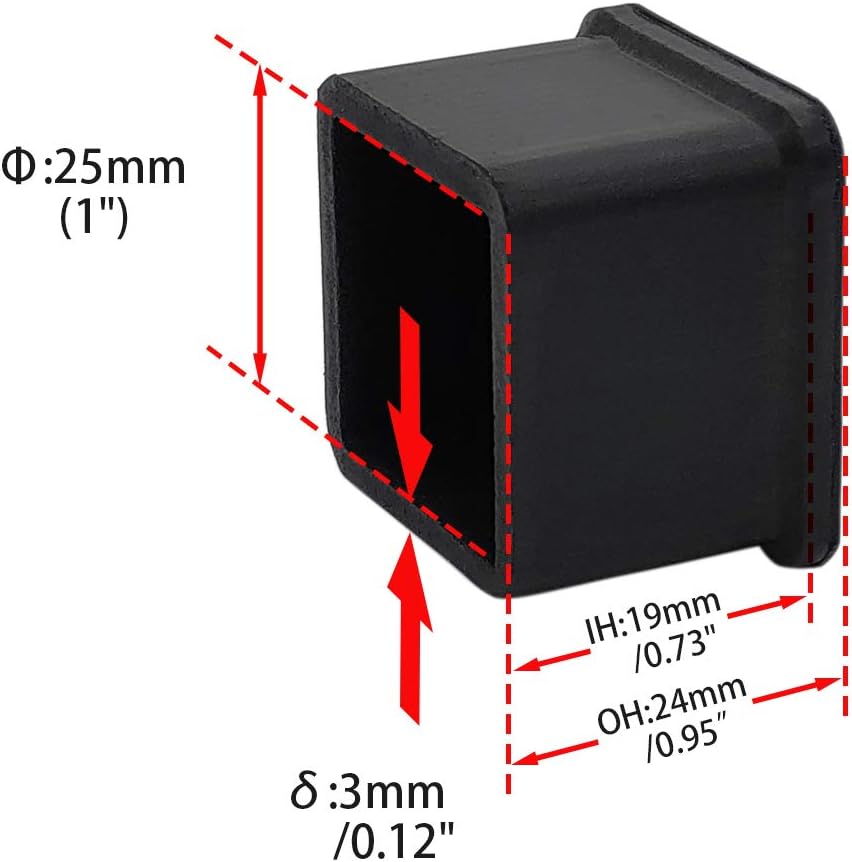 Flyshop Heavy Duty Non-Slip Rubber Leg Tips Floor Protectors Square Chair Leg Caps 25mm x 25mm (1" x 1") 20pcs Black