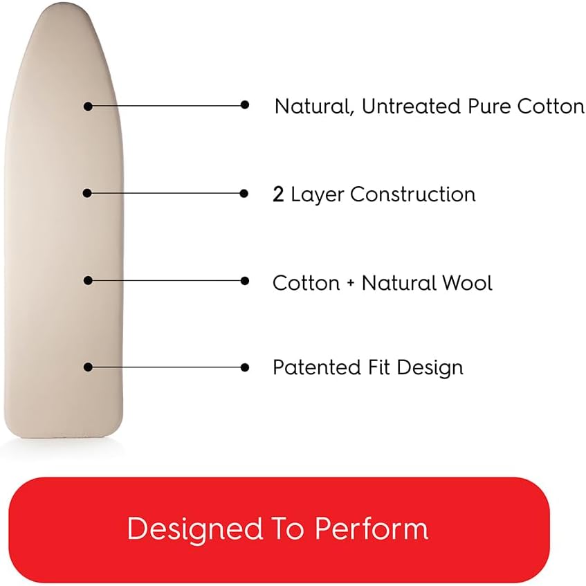 TIVIT Ironing Board Cover 13 x 44 Small Chemical Free Eco-Friendly Padded Covers - Unbleached, Untreated Natural Cotton & Wool Pad - 2 Layer, 3 Fastener Straps, Pull Bungee Cord - Made in Italy