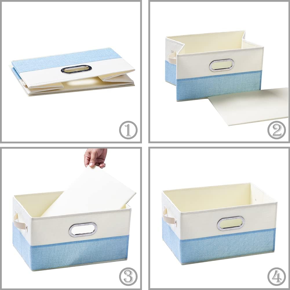 PRANDOM Large Fodable Storage Baskets for Closet [3-pack] Decorative Fabric Storage Bins Cubes with Leather/Metal Handles for Shelves Bedroom Living Room Blue&Cream (14.9x9.8x8.3 Inch)