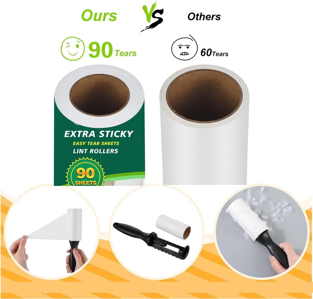 Extra Sticky Lint Roller Refills,Fits Most 3.9"-4" Standard Size Lint Roller with Inner Diameter at 1.5", 8 Pack with 720 Sheets Total, Pet Hair Remover for Clothes, Car, Furniture