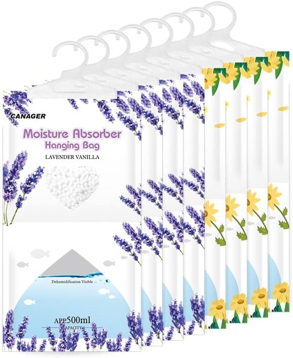 CANAGER Hanging Moisture Absorber, Fresh Scent and Lavender Vanilla Moistureproof Hanging Bag，Dehumidifier Bag (8 packs) Hanging Closet Dehumidifier Bags, Moisture Absorb 12.5 oz