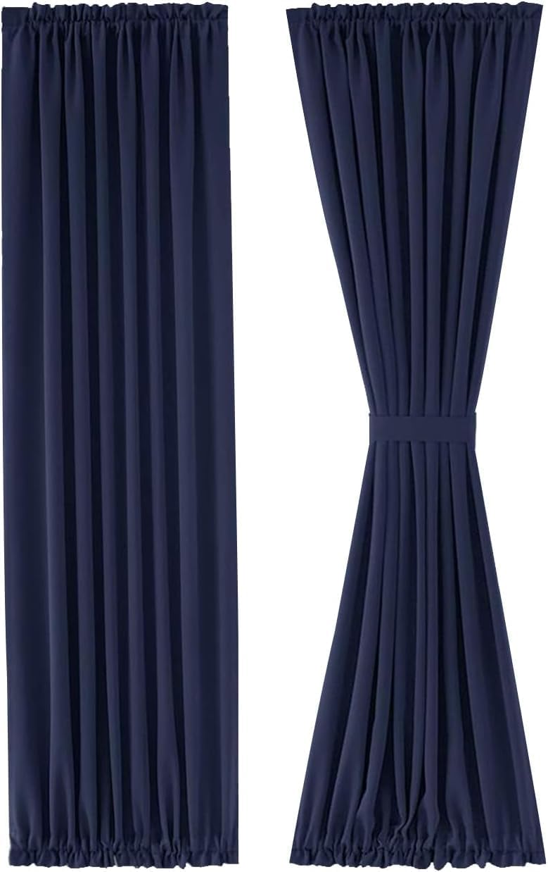 DWCN French Door Curtains – Rod Pocket Thermal Blackout Curtain for Doors with Glass Window, Kitchen and Patio Doors for Privacy, 25 X 80 Inches Long, 1 Curtain Panel with Tieback, Navy Blue