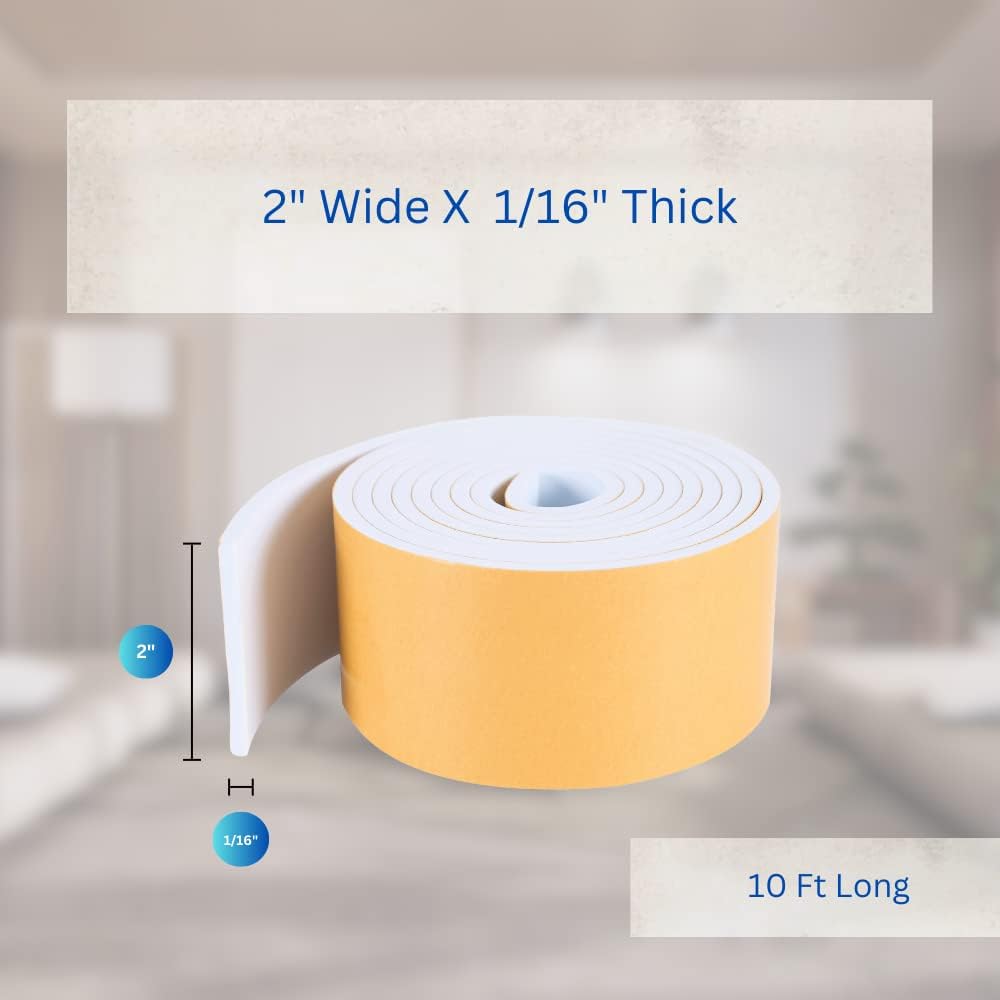 High Density Foam Weather Stripping Door Seal Strip Insulation Tape Roll for Insulating Door Frame, Window, Air Conditioner | Self Adhesive Sealing Weatherstrip (2 in x 1/16 in x 10 Ft, White)