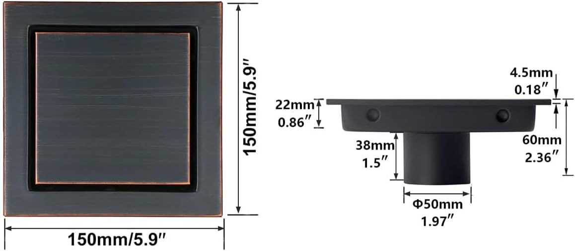 RANDOM Oil Rubbed Bronze Shower Drain Square with Removable Tile Insert Shower Drain Cover and Hair Strainer SUS 304 Stainless Steel 6 inch Shower Floor Drain