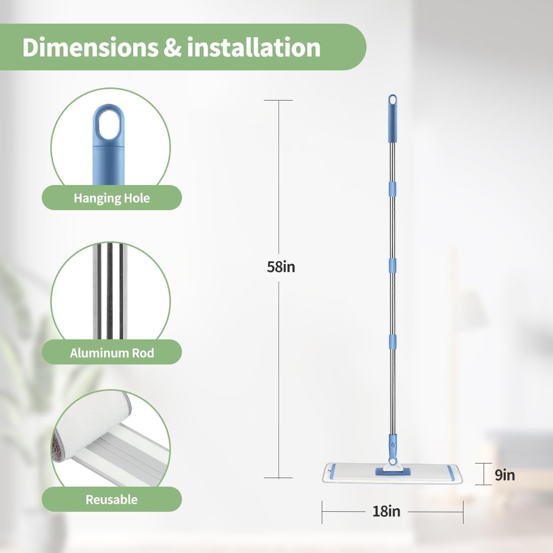 CQT Commercial Flat Microfiber Floor Mop Cleaning System 18" Inch Wet Dry and Dust Hardwood with 4 Washable Pads Cleaner for Laminate Tile Stainless Steel Handle and Extension (PT13-Blue)