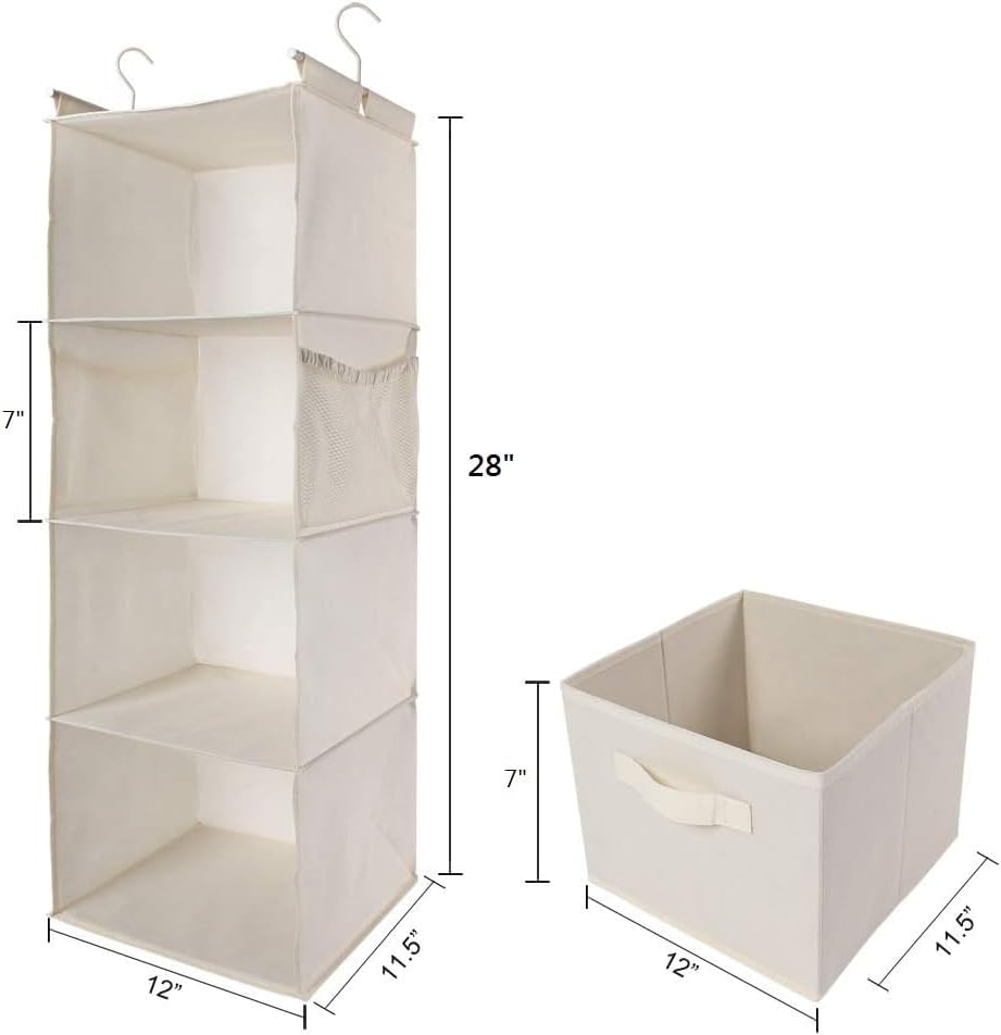 MAX Houser 4-Shelf Hanging Closet Organizer, Space Saver, Cloth Hanging Shelves with 2 Side Pockets, Foldable (Beige)