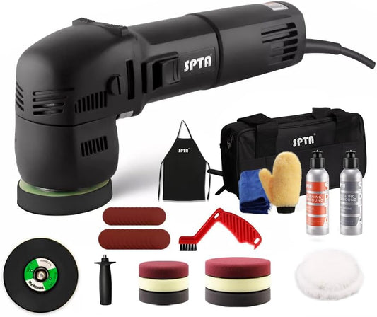 SPTA Mini Orbital Polisher - 3 Inch 10mm/780W Variable Speed Dual Action With Polishing Pads, Sanding Discs, Pad Conditioning Brush