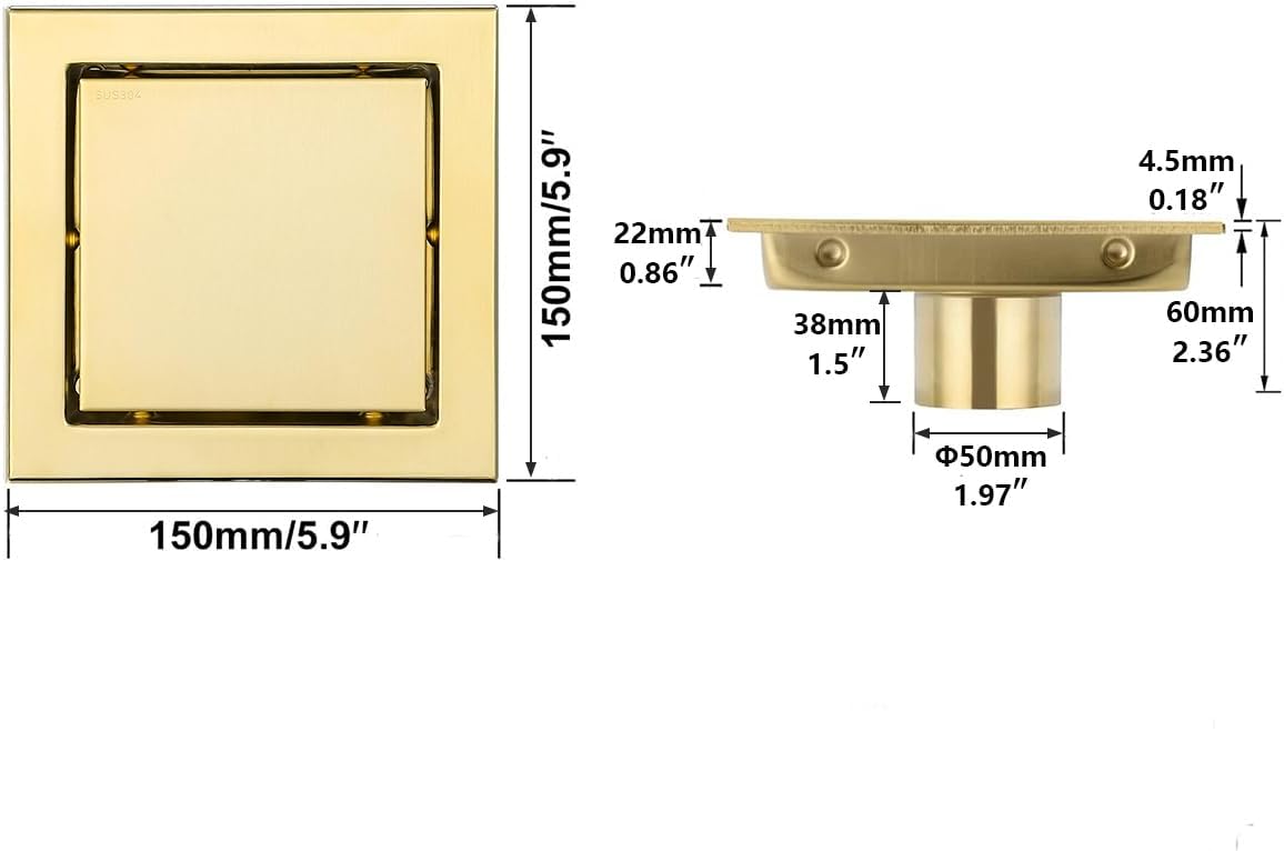 RANDOM Brushed Gold Shower Drain Square 6 inch SUS304 Stainless Steel Shower Floor Drain with Hair Strainer Tile Insert Shower Drain Cover