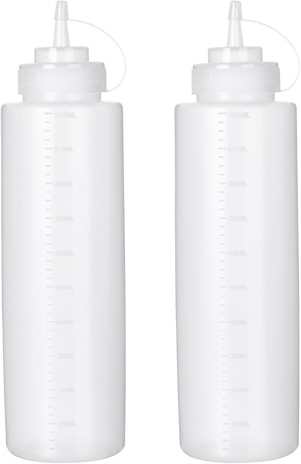 Squeeze Bottles for Sauces 2 Pack, 32 Ounce 1000ml Plastic Dressing Squirt Bottles with Cap Lids, Condiment Bottle for Liquids BBQ Dressing Pancake Art Dispenser
