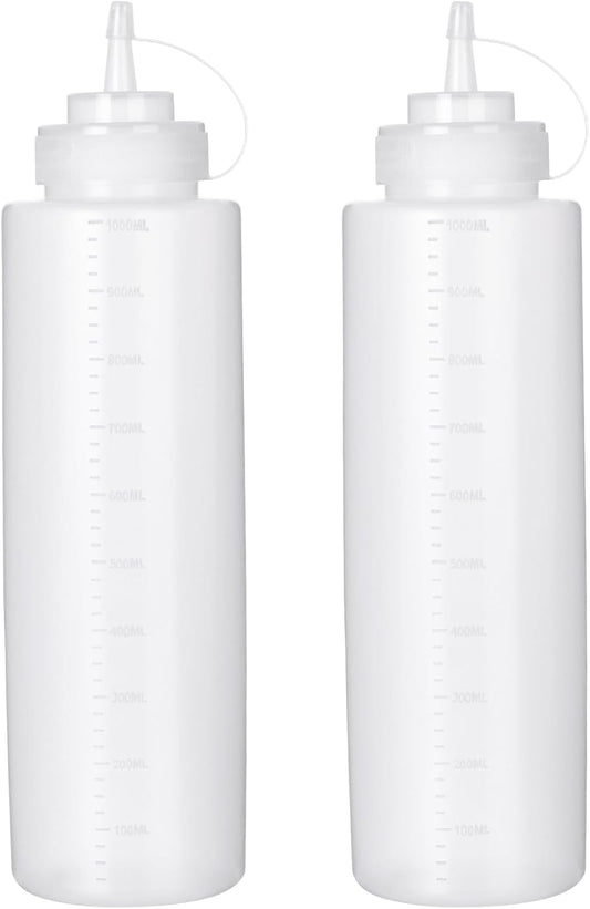 Squeeze Bottles for Sauces 2 Pack, 32 Ounce 1000ml Plastic Dressing Squirt Bottles with Cap Lids, Condiment Bottle for Liquids BBQ Dressing Pancake Art Dispenser