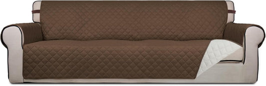 PureFit Reversible Quilted Sofa Cover, Water Resistant Slipcover Furniture Protector, Washable Couch Cover with Non Slip and Elastic Straps for Kids, Dogs, Pets (4 Seater Sofa, Coffee/Ivory)