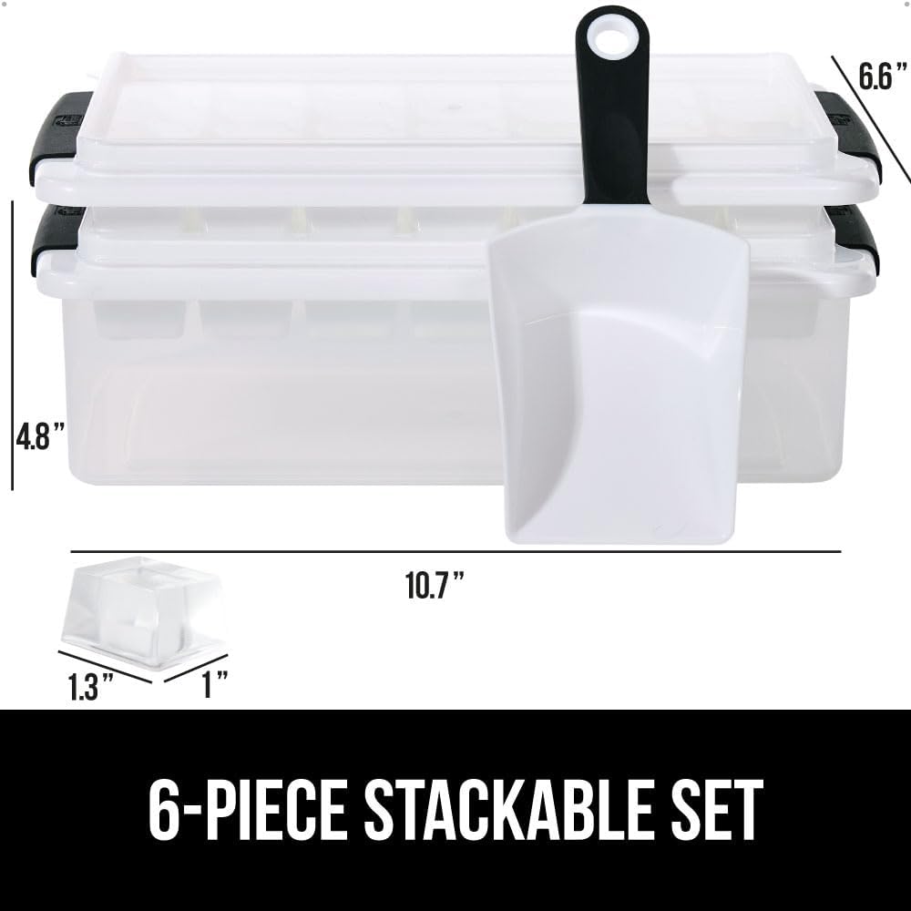 GORILLA GRIP Stackable Ice Cube Tray and Bucket Set for Freezer, Includes 2 Trays with Lid and Scooper, Easy Release, Makes 56 Cubes for Cocktail Soda Coffee, Leak Proof Bin Kit, Kitchen Tools, Black