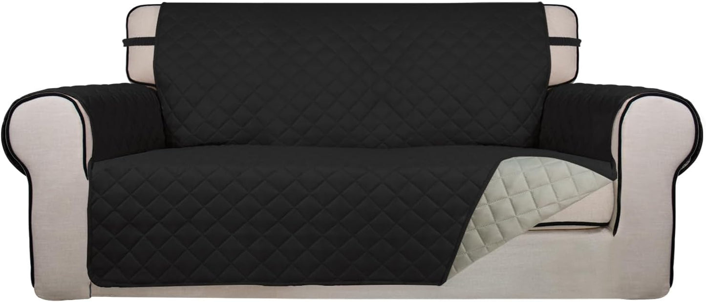 PureFit Reversible Quilted Sofa Cover, Water Resistant Slipcover Furniture Protector, Washable Couch Cover with Non Slip and Elastic Straps for Kids, Dogs, Pets (Oversized Loveseat, Black/Beige)