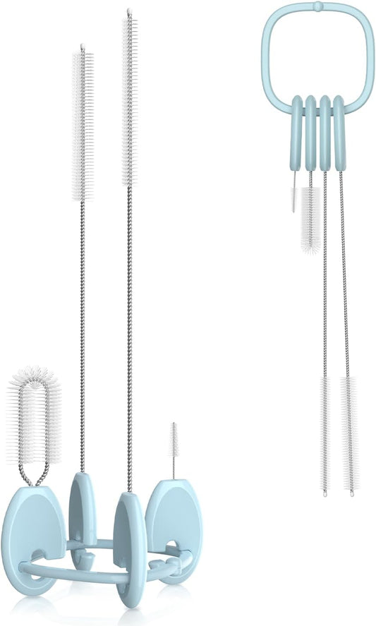 YOTIME Standing Straw Cleaner Brush Set, 4in1 Reusable Straw Brushes with Holder Ring, for Wide and Narrow Straws, Tumblers, Water Bottles and Cups, Blue