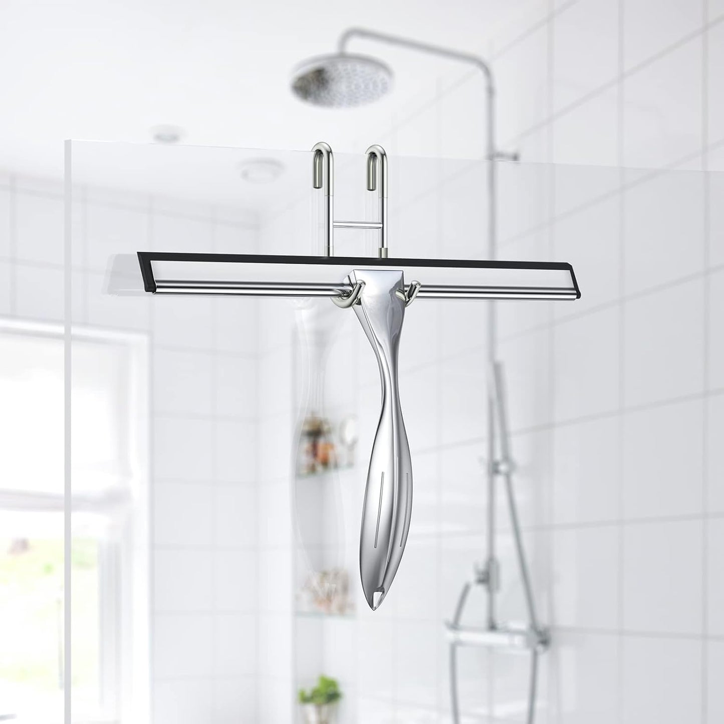 Shower Squeegee for Glass Door 12-Inch Stainless Steel Bathroom Squeegee Window Wiper, Includes Shower Door Hook, Adhesive Hook, and Spare Silicone Blade for Window Mirror Car All-Purpose Squeegee