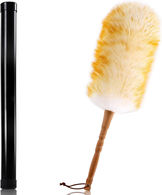 Lambswool Duster with Solid Wooden Handle,Leather Hang Strap,18.9 inch Long,Natural Feather Duster for Cleaning Ceiling Fans,Window Blinds,Computer Screens,Bookshelves etc