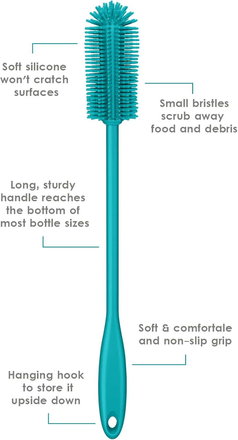 Silicone Bottle Brush, Water Bottle Cleaner Brush with Long Handle, Perfect for Cleaning Narrow Neck Containers, Vacuum Sports Bottle, Tumblers, Flask, Glassware (1 Pack, Turquoise)