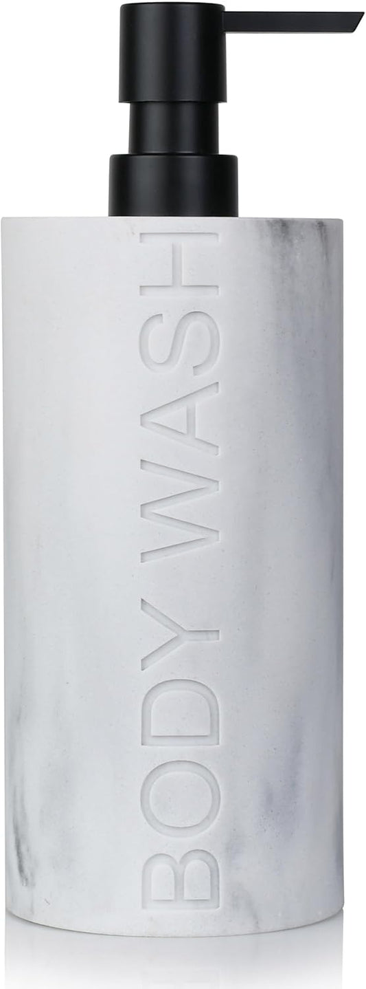 White Body Wash Dispenser Luxurious Refillable Pump Bottle with Embossed Text, Durable Construction for Bathroom and Kitchen