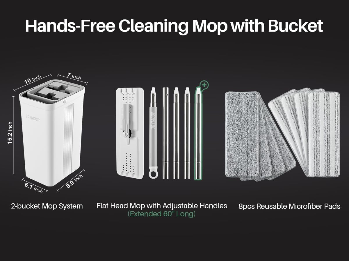 JOYMOOP Mop and Bucket Set with Wringer, Dust Mops for Floor Cleaning, Wall Cleaner with Long Handle,Wet and Dry Use - 8 Microfiber Mop Pads