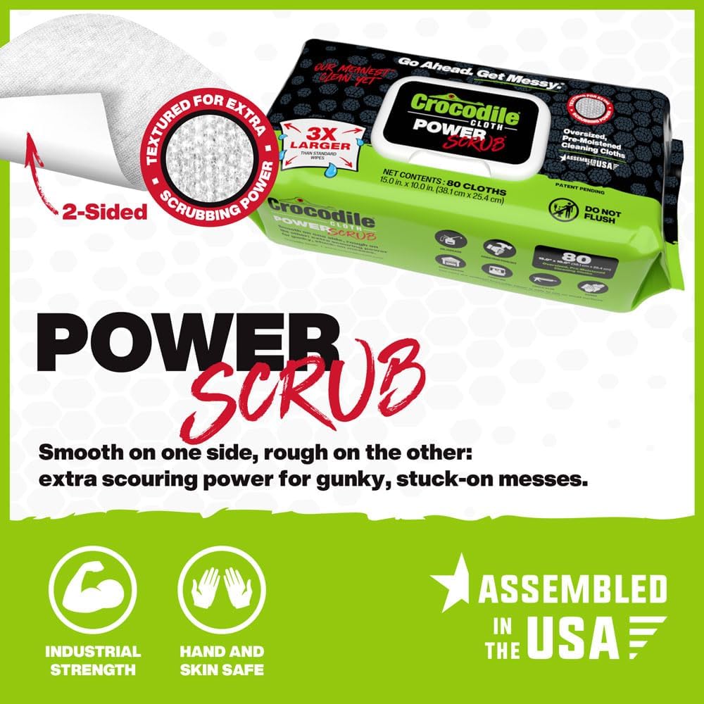 Crocodile Cloth PowerSCRUB Cleaning Wipes – 480 Count (6 Packs of 80 Count) Dual-Surface Cloths, Heavy-Duty, Moist, Absorbent, & Disposable - Safe on Skin & Multiple Surfaces - 15" x 10" XL Wipes