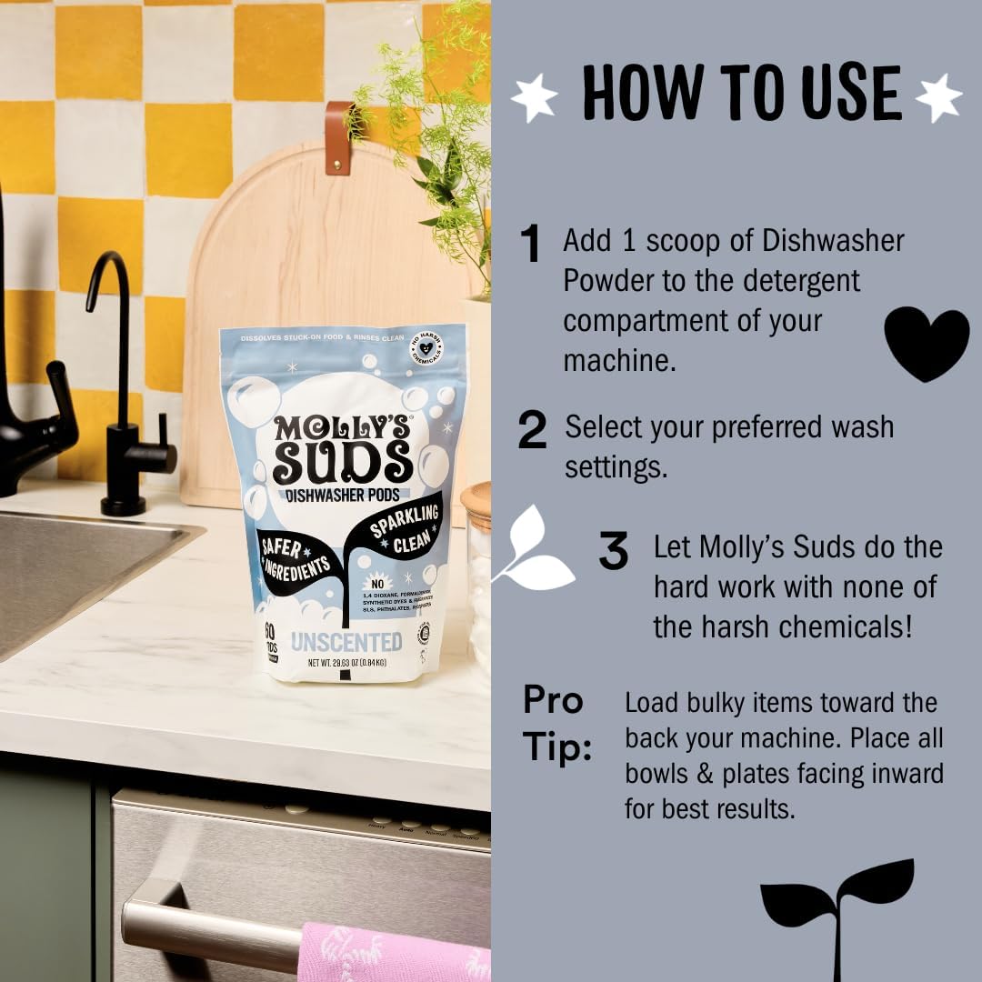 Molly's Suds Dishwasher Powder | Clean Dishwasher Detergent, Cuts Grease & Rinses Clean (Residue-Free) for Sparkling Dishes | 60 Loads (Unscented)
