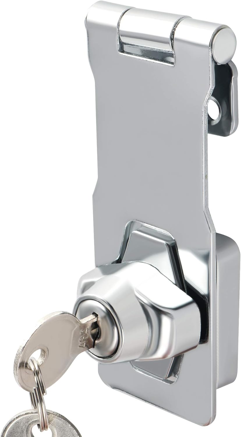 Alise Keyed Hasp Lock,4 Inch Safety Packlock Clasp Hasp Lock Latch with Lock,Door Hinge Lock with Keys Keyed Locking Hasp for Cabinets Closets Doors,Chrome